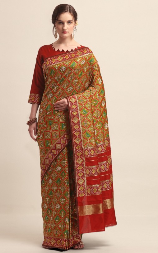 KAPAAHA Woven Figure Patola Saree (Mehndi)